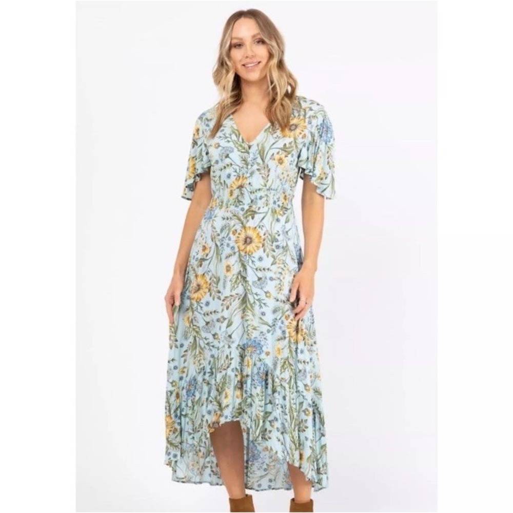 Anthropologie Abel The Label Midi Dress XS High Low Flutter Floral Boho Western